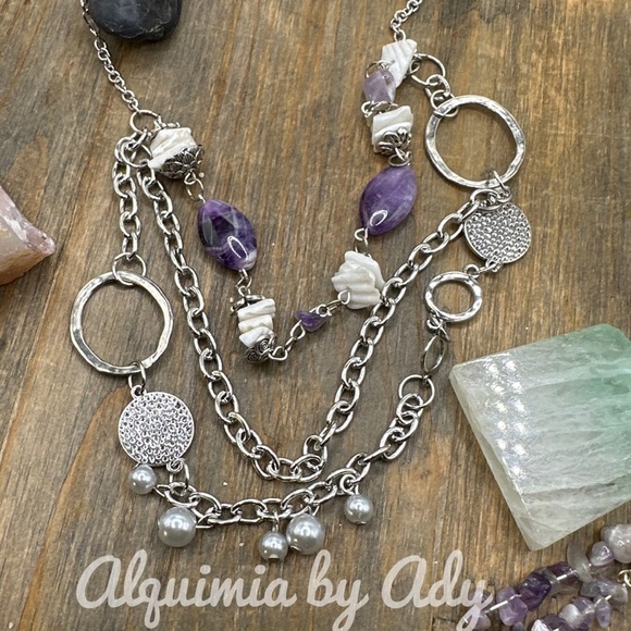 Layered necklace/set/ amethyst mother of pearl silver maximalist - Picture 2 of 6